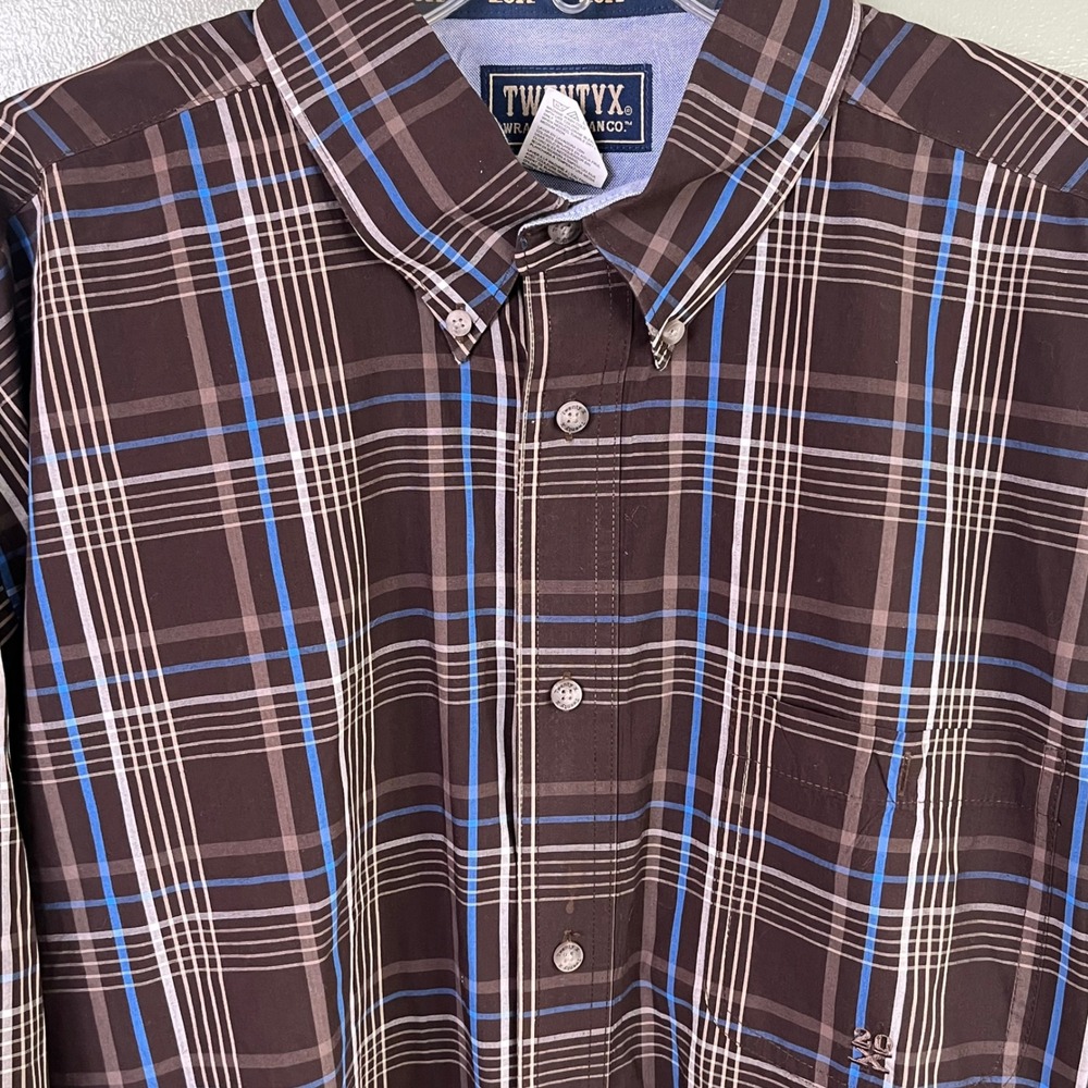 Wrangler TwentyX Long Sleeve Brown Blue Plaid Western Brush Popper Rodeo 2X Tall